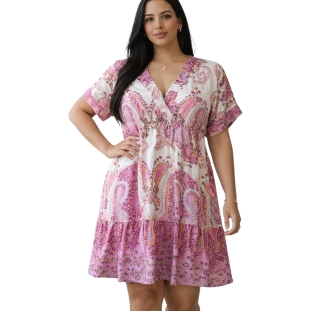 SHEIN Pink and Cream Paisley V-Neck Tiered Dress